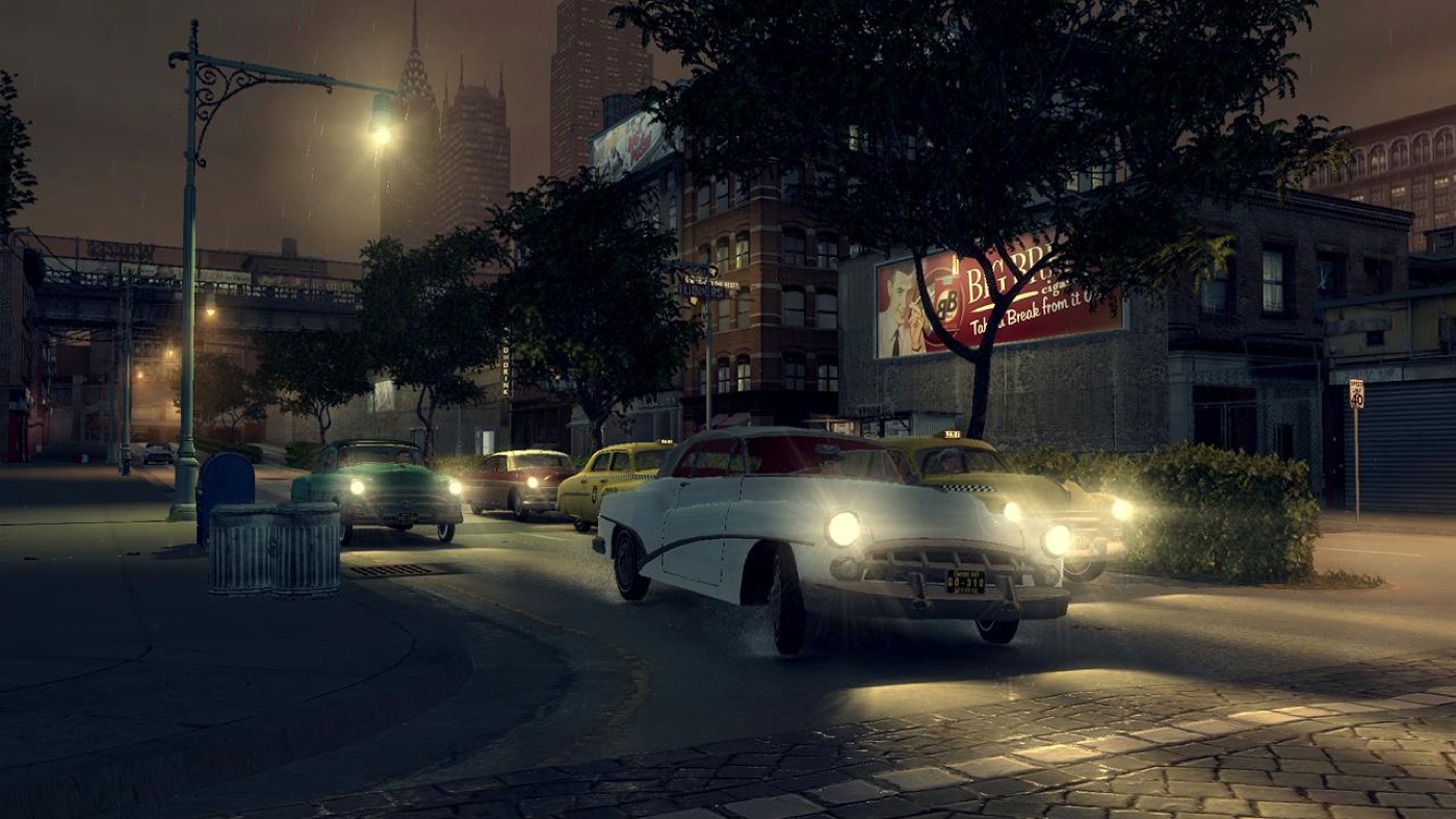 Classic cars driving through the neon-lit streets of Empire Bay at night